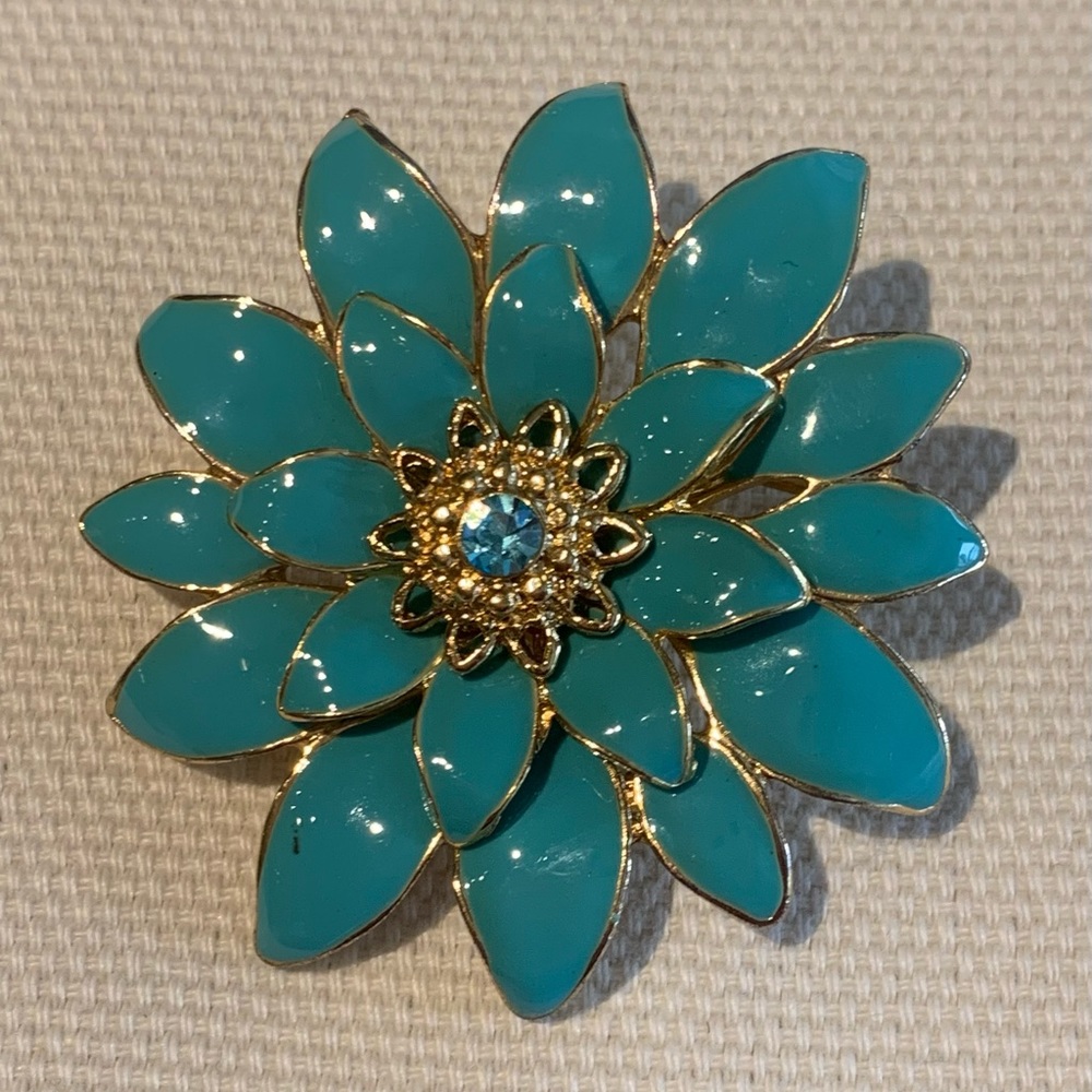 Beautiful Turquoise Enamel Flower Brooch